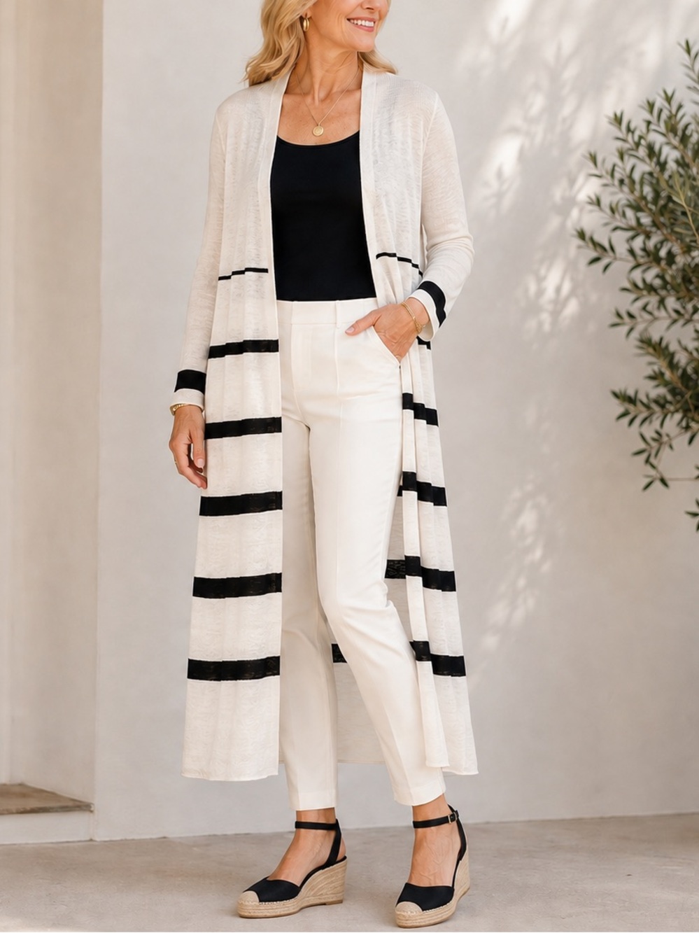 Chico’s Size 3 Linen Blend Long Duster Cardigan Black White Striped